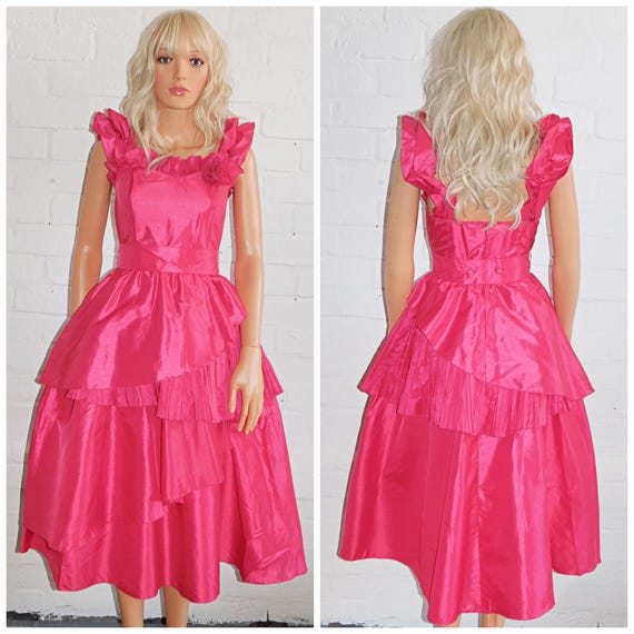 Vintage 1980s BUBBLEGUM Pink Origami RUFFLED RARA Prom Party Dress 8 Xs 80s Cocktail Extreme Princess