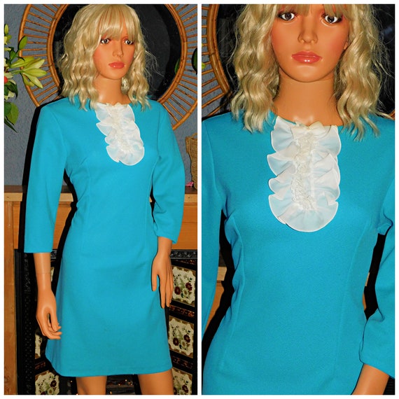 Vintage 60s Turquoise Blue White DANDY RUFFLED Bib Mini MOD Shift Dress 12 14 M 1960s Kitsch