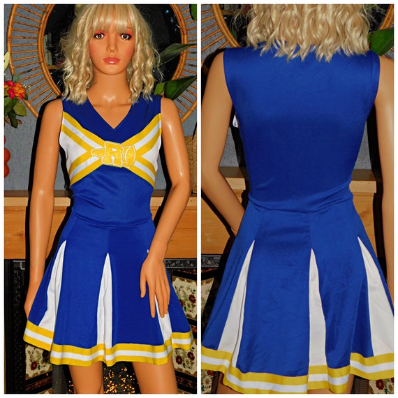 Y2K Blue Yellow MINI CHEERLEADER Dress 8-10 S Kitsch Costume Cos Play