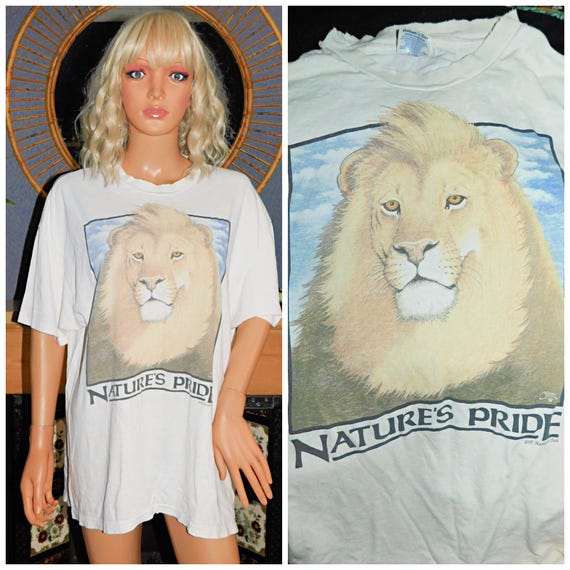 Vintage 90s Cream Single Stitch NATURES PRIDE LION Print T shirt L 1990s Unisex Graphic 1995 Distressed