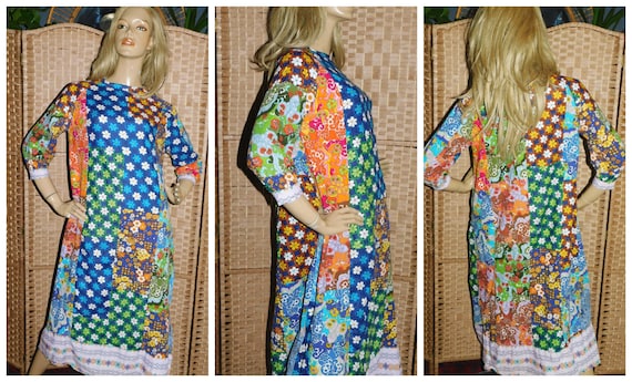 Vintage 60s 70s Bold Multicoloured PSYCHEDELIC FLOWER POWER Patchwork Tent Smock Dress S 1960s 1970s Hippy Bohemian Boho Maternity