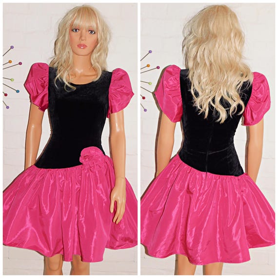 Vintage 80s Black BUBBLEGUM Pink Velvet Drop Waist PROM Party Dress 8 S 1980s Kitsch Cocktail