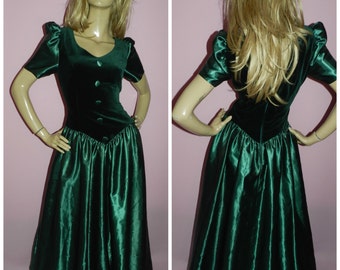 Vintage 80s EMERALD GREEN VELVET Maxi Princess prom dress 10-12Uk 6-8Us S 1980s Party Evening
