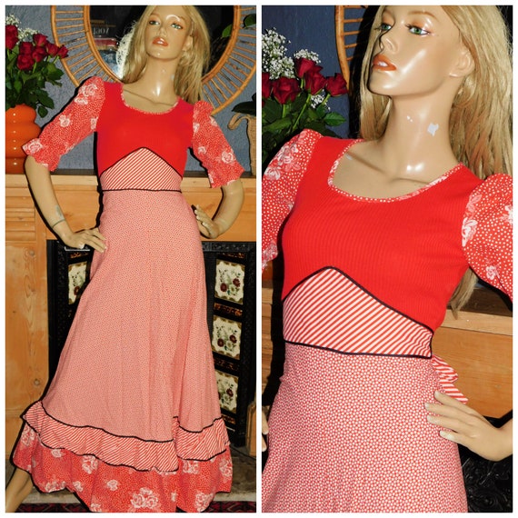 Vintage 70s Red BOHEMIAN DITSY Floral Stripe Contrast Print Boho Maxi Dress 8 S Xs 1970s FOLK Hippy Festival Prairie