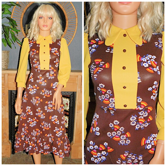 Vintage 60s 70s Brown Yellow PSYCHEDELIC FAN Floral Print Day Dress 6 Xs 1960s 1970s Kitsch Contrast Beagle Collar