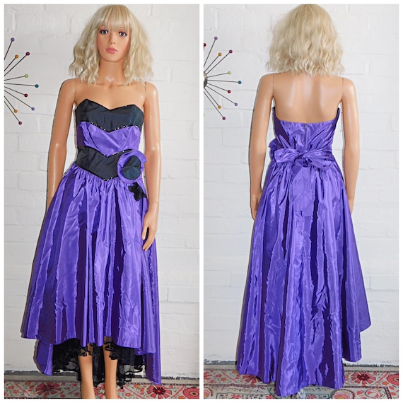 Vintage 80s Purple Black Strapless Prom Party Dress 8 10 S 1980s Cocktail Trashy