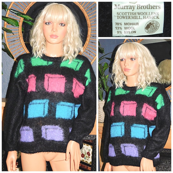 Vintage 80s Black Multicoloured CUBE Shaggy Soft MOHAIR Sweater Jumper S M 1980s Slouchy Hand Knit Cubic