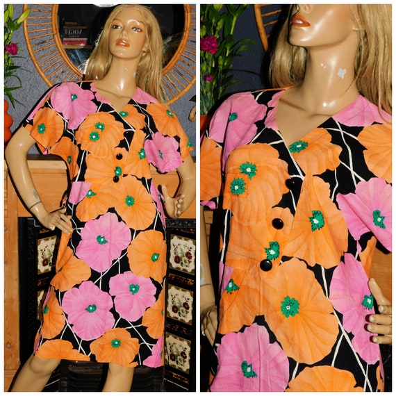 Vintage 80s Bold Orange Pink POPPY Print NU WAVE Cocoon Dress 12-14 M 1980s Floral Cotton Avant Garde