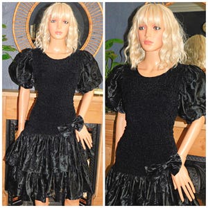 Vintage 1980s Black Bow Drop Waist PUFF Slvd RARA Prom Party Dress 14 16 M L 80s KITSCH