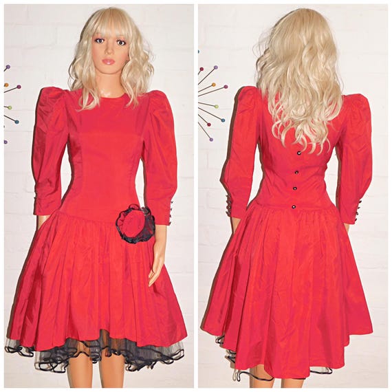 Vintage 80s Red Black Button Back Drop Waist Dipped Hem Prom Party Dress 12 M 1980s