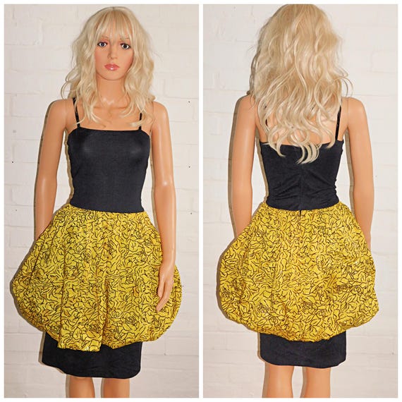 Vintage 80s Black Yellow Abstract BUBBLE Hem Prom Party Dress 10 12 S M 1980s Cocktail Avant Garde Kitsch