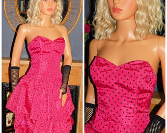 Vintage 80s Pink Black POLKA Dot Strapless RARA PROM Party Dress 8 Xs S 1980s Kitsch Cocktail