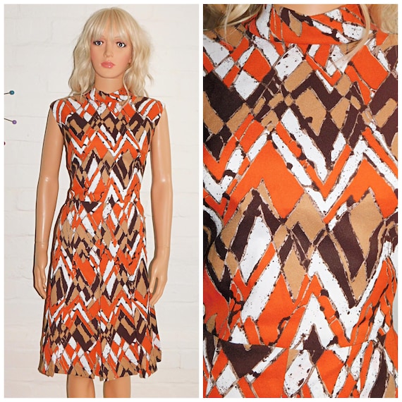 Vintage 60s Orange Brown Tan GEOMETRIC Print MOD Scooter Dress 16 18 L 1960s Modette