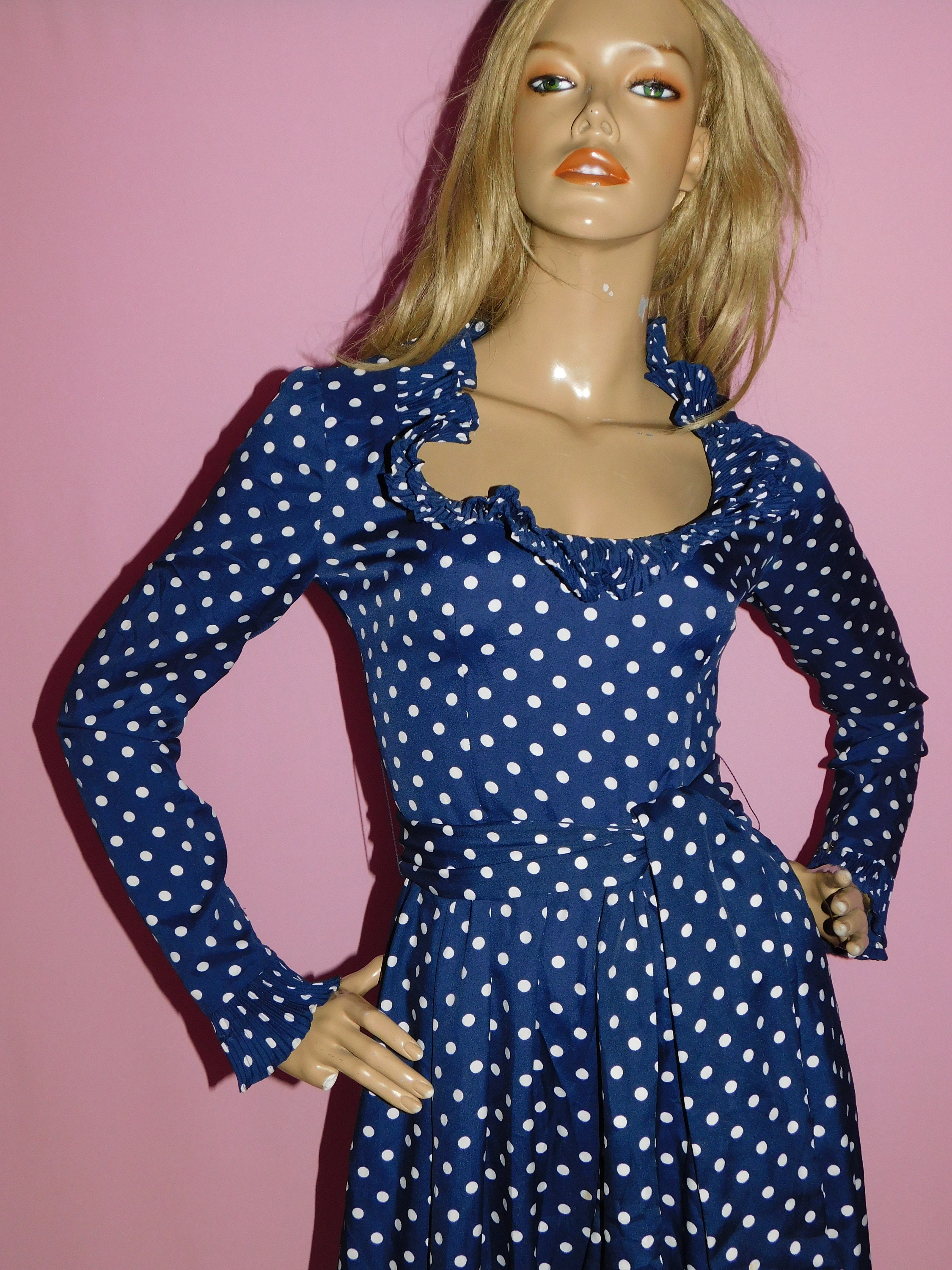 Vintage 70s VICTOR COSTA Navy White POLKA Dot Ruffled Dress 8-10 S ...