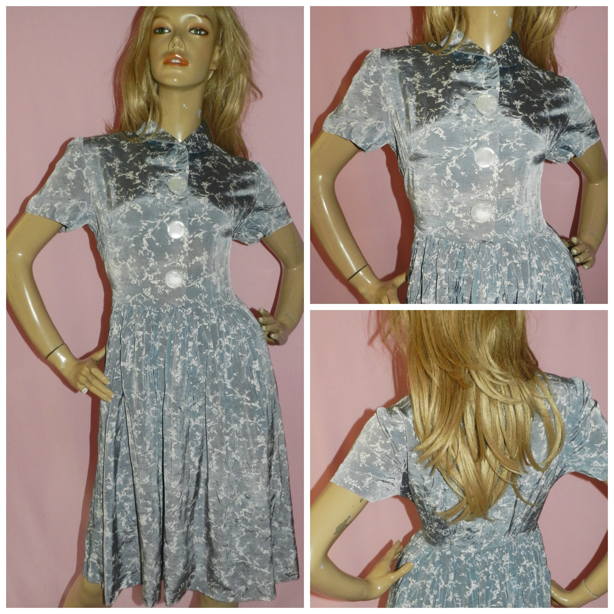 Vintage 30s Powder Blue Cream Abstract Print TEA Dress 1214 M 1930s