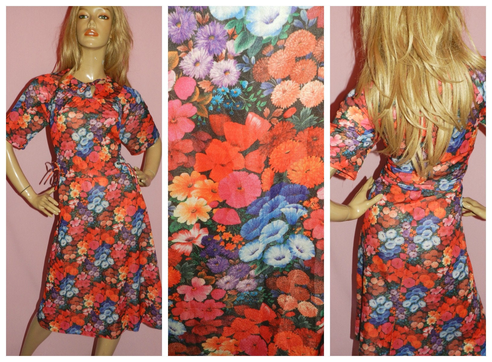 Vintage 70s Bold Multicoloured FLORAL FLOWER POWER Print Tea Dress 16 L ...