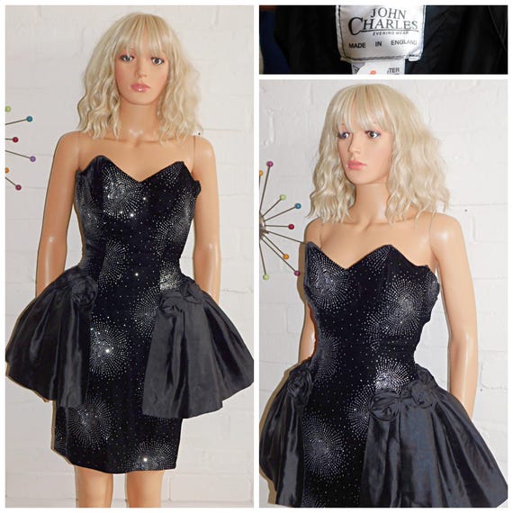 Vintage 80s Black Silver STARBURST Strapless Peplum PROM Party Dress 4 Xxs 1980s John Charles