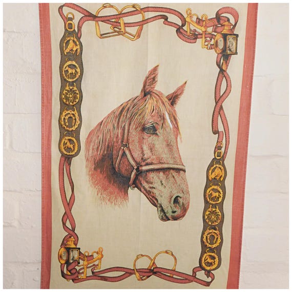 Vintage 70s HORSE HEAD Cotton Tea Towel 60s Clive Mayor