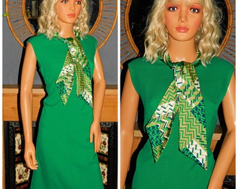 Vintage 60s Emerald Green Contrast PUSSY BOW MOD Shift Dress 14-16 M L 1960s Modette