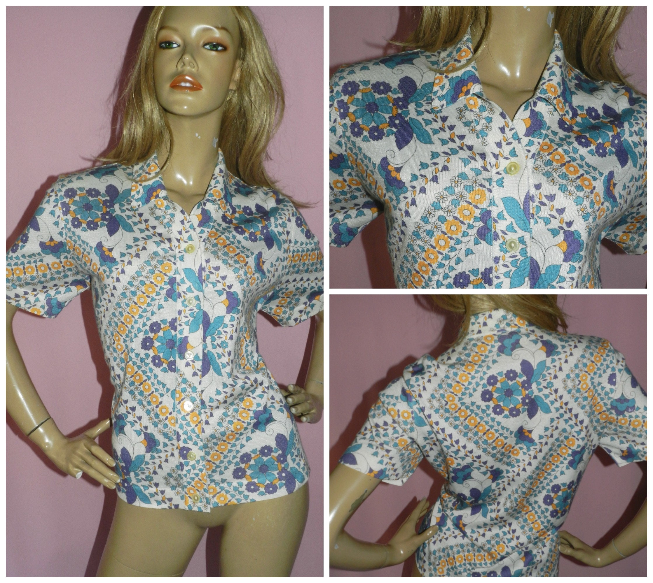 Vintage 70s PSYCHEDELIC FLOWER POWER Floral print Stretch blouse shirt ...