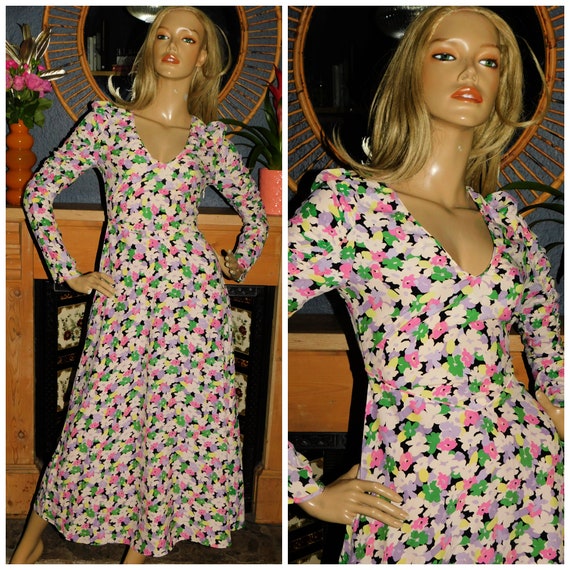 Vintage 90s does 70s BOHEMIAN DITSY Floral Tea Dress 6 8 Xs 1990s Boho Hippie 1970s Midi