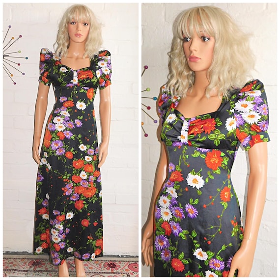 Vintage 70s Bold Multicoloured FLOWER POWER Floral Print Puff Slvd Maxi Dress 8-10 S 1970s Kitsch