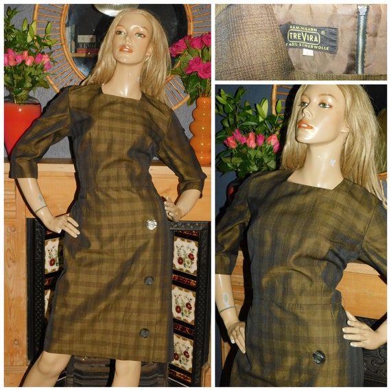 Vintage 50s Khaki Black Check SECRETARY Dress 12 M 1950s Mid Century Tartan Big Button