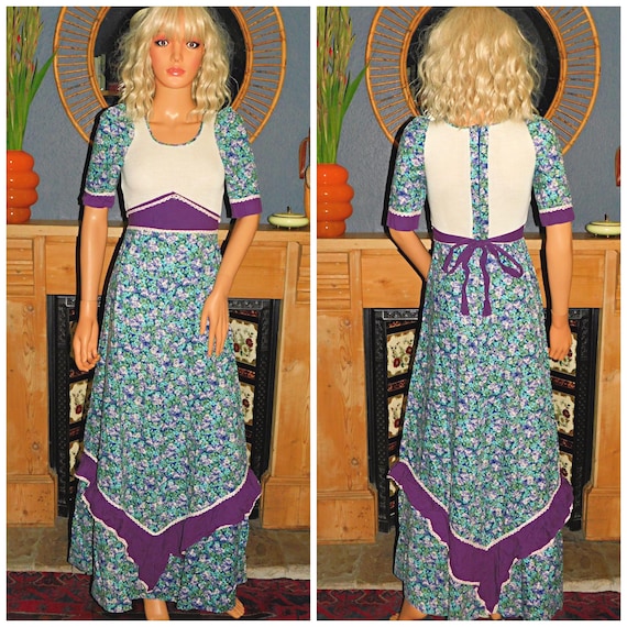 Vintage 70s Purple Blue Ditsy Floral Contrast BOHEMIAN PRAIRIE Tiered Day Dress 6 8 Xxs Xs 1970s Folk Boho Hippy Hippie Woodstock