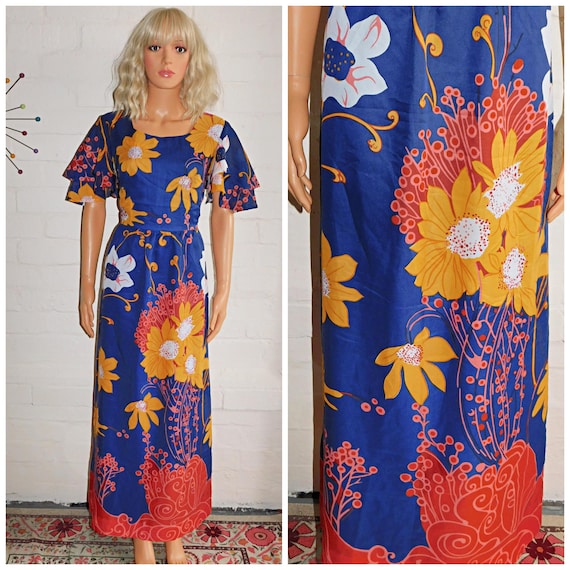 Vintage 70s Navy Multicoloured FLOWER POWER Print Margo Midi Maxi Dress 12 14 M 1970s Psychedelic