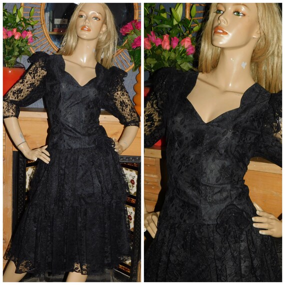 Vintage 80s Black LACE Sheer Slvd RARA Prom Party Cocktail Dress 16 18 L XL 1980s Evening Avant Garde