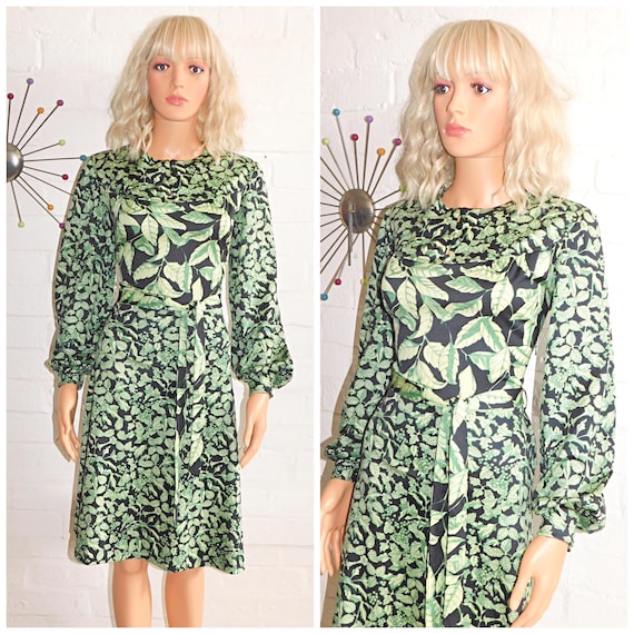 Vintage 70s Green Black BIRD LEAF Print Day Dress 14 16 M L 1970s