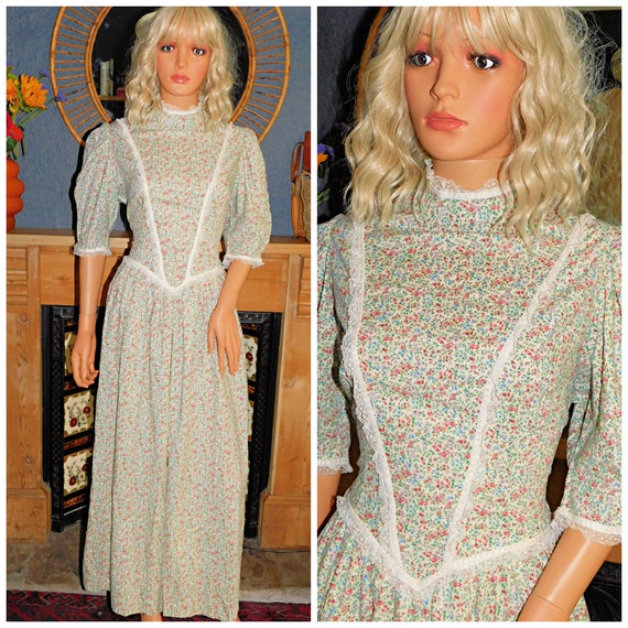 Vintage 70s Multicoloured DITSY FLORAL Print Cotton Boho PRAIRIE Maxi Dress 14 M 1970s Bohemian Hippy