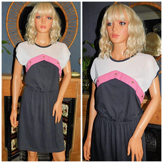 Vintage 80s Black Pink White STUDDED MESH Nu Wave Day Dress 10 12 S M Slouchy