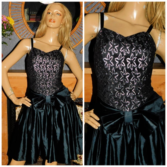 Vintage 80s Black Metallic Silver BOW Front Prom Party Dress 10-12 S M 1980s Cocktail Kitsch Detatchable Straps