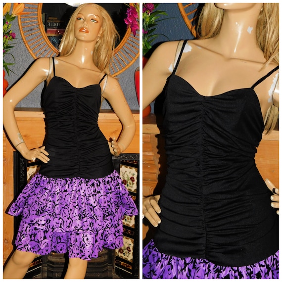 Vintage 1980s Black Purple Drop Waist RARA Prom Party Dress 12 M 1980s Trashy Cocktail Evening Kitsch Halloween