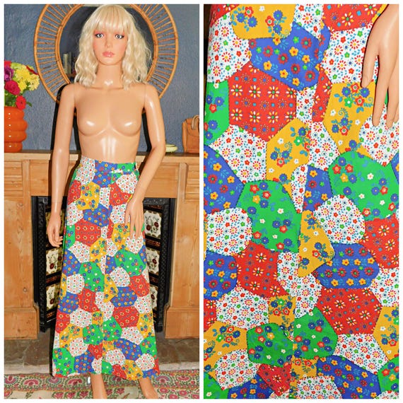 Vintage 70s Multicoloured DITSY PATCHWORK Print Bohemian Midi Maxi Skirt 6 Xs Xxs 1970s Prairie Boho Hippy Hippie Cotton