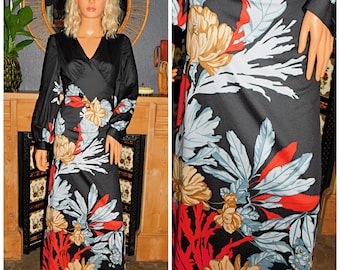 Vintage des années 70 Vera Mont noir multicolore CONTRASTE floral audacieux midi robe 10 S Art nouveau