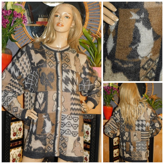 Vintage 80s Grey Tan NOVELTY Penguin Dolphin House Tree Print Mohair Mix Cardigan M L 1980s Kitsch