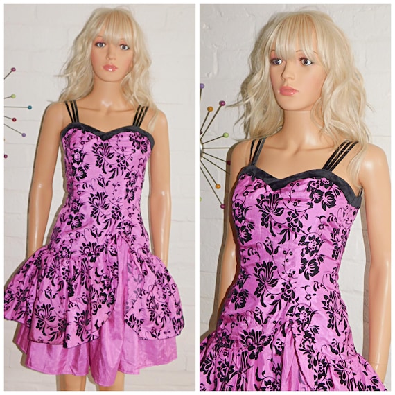 Vintage 80s Pink Black Abstract FLORAL PROM Party Dress 6 8 XS 1980s Kitsch Cocktail