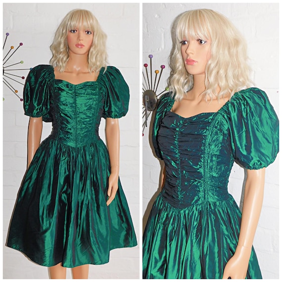 Vintage 80s EMERALD Green PUFF Slvd PROM Party Dress 10 S 1980s Cocktail Kitsch