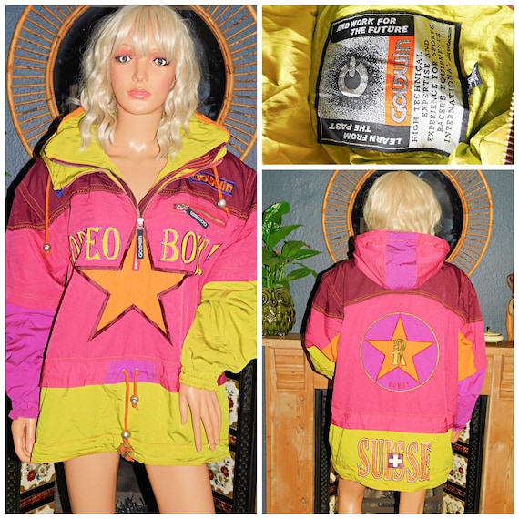 Vintage 80s GOLDWIN Pink Yellow Kitsch SKI Snowboard Top Jacket L 1980s STAR World Cross Rodeo Bomb