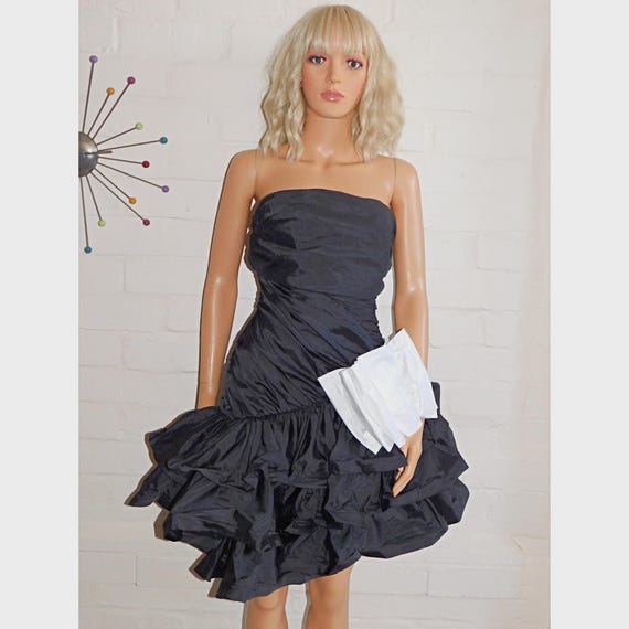 Vintage 80s AVANT GARDE Black White RUFFLED Origami Prom Party Mini Dress 6 8 Xs 1980s Halloween