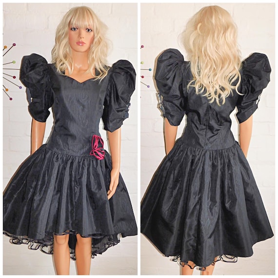 Vintage 1980s Avant Garde Black Pink Drop Waist PUFF Slvd Prom Party Dress 16 L 80s Kitsch Extreme