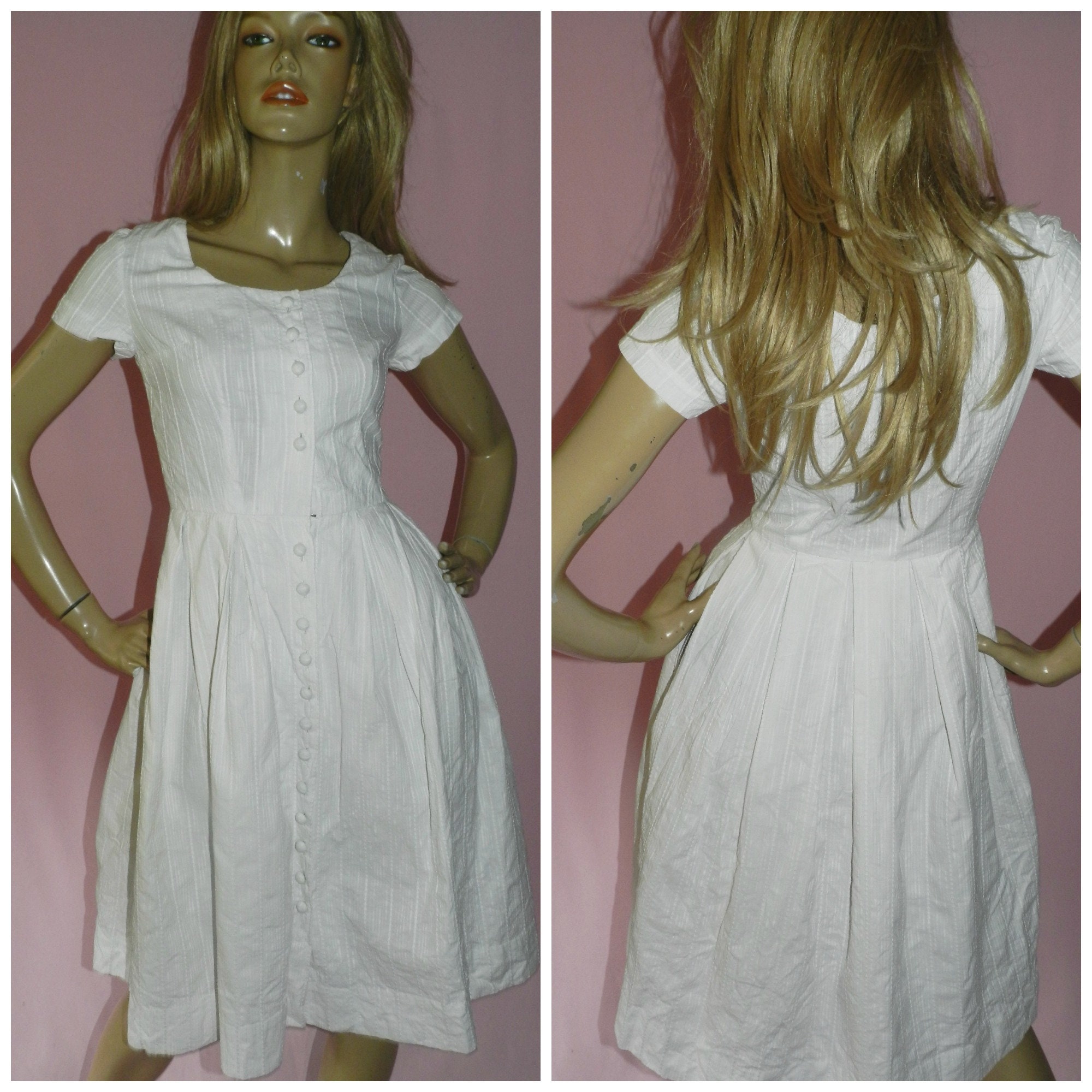 Vintage 50s WHITE Summer BOX PLEATED Tea Dress 8 S 1950s Mid Century