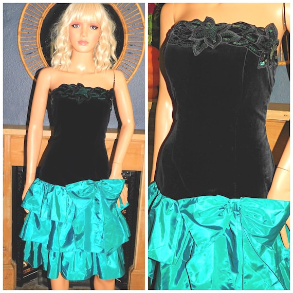 Vintage 80s Black Emerald Green Drop Waist BOW RARA Mini Prom Party Dress 10 12 S M 1980s Cocktail Evening Kitsch Strapless