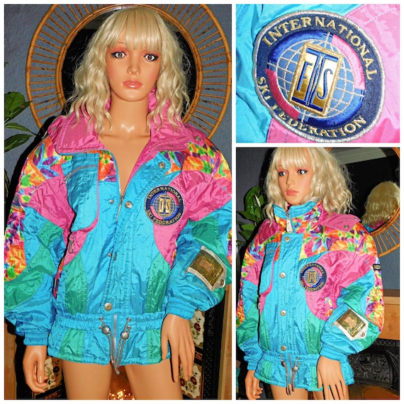 Vintage 80s Blue Pink Multicoloured KITSCH Bomber SKI Padded Jacket M 1980s International Ski Federation