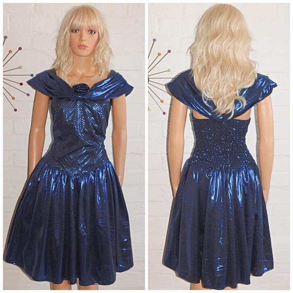 Vintage 80s METALLIC Blue Full Skirt Prom Party Dress 12 14 M 1980s Kitsch Shawl Collar