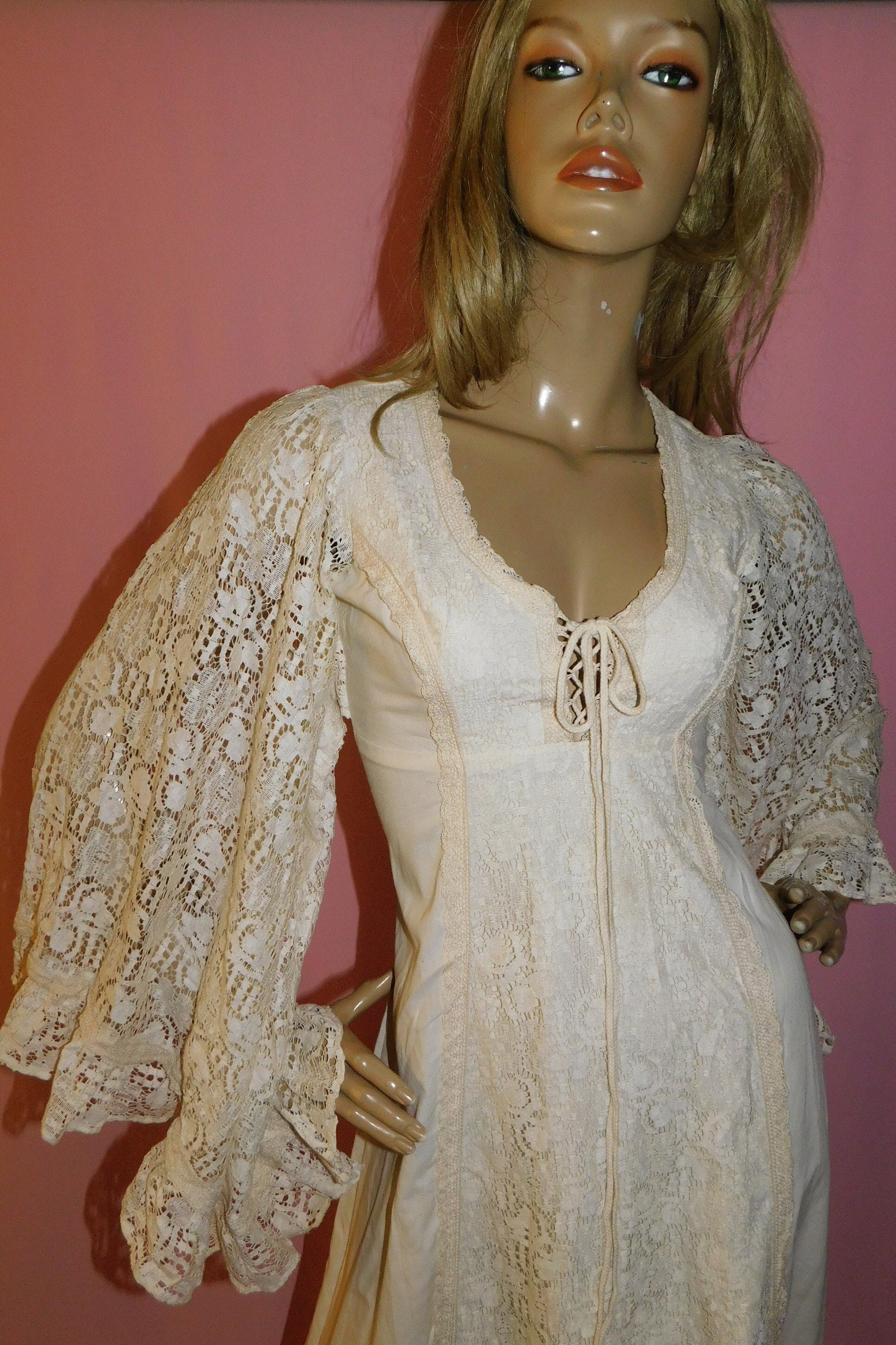 Vintage 70s BOHEMIAN GUNNE SAX Cream Crochet Lace Maxi Dress 10 S 1970s ...