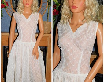 Vintage 50s Semi SHEER Creamy White EMBROIDERED Tea Dress 14 M 1950s Wedding Bride Mid Century