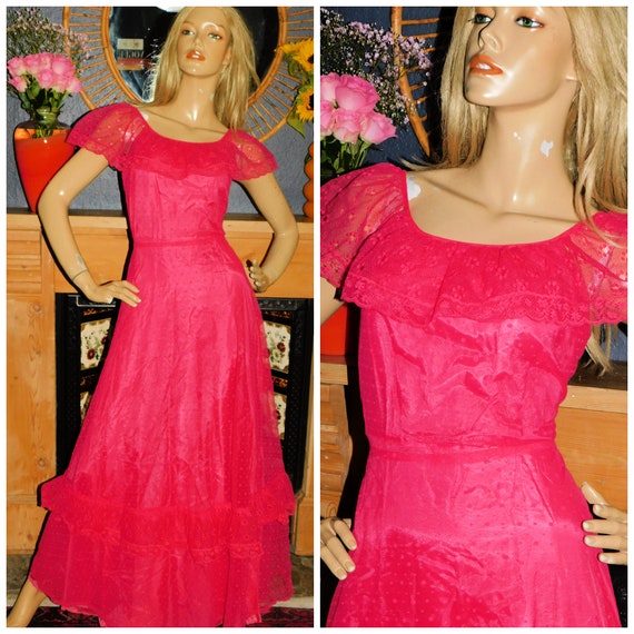 Vintage 70s 80s BUBBLEGUM Pink NET TULLE Maxi Princess Party Dress 10 S 1970s 1980s Evening Starlet